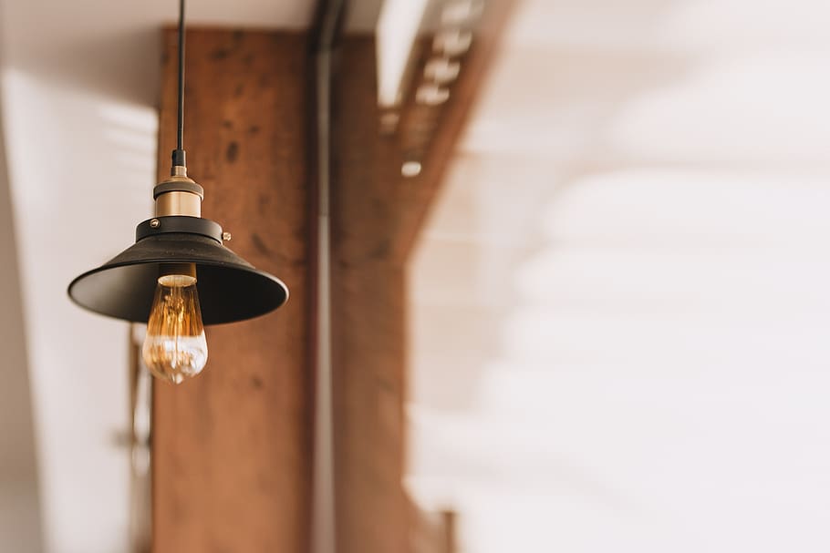 lamp, light, bulb, electricity, hang, steel, blur, lighting equipment HD wallpaper