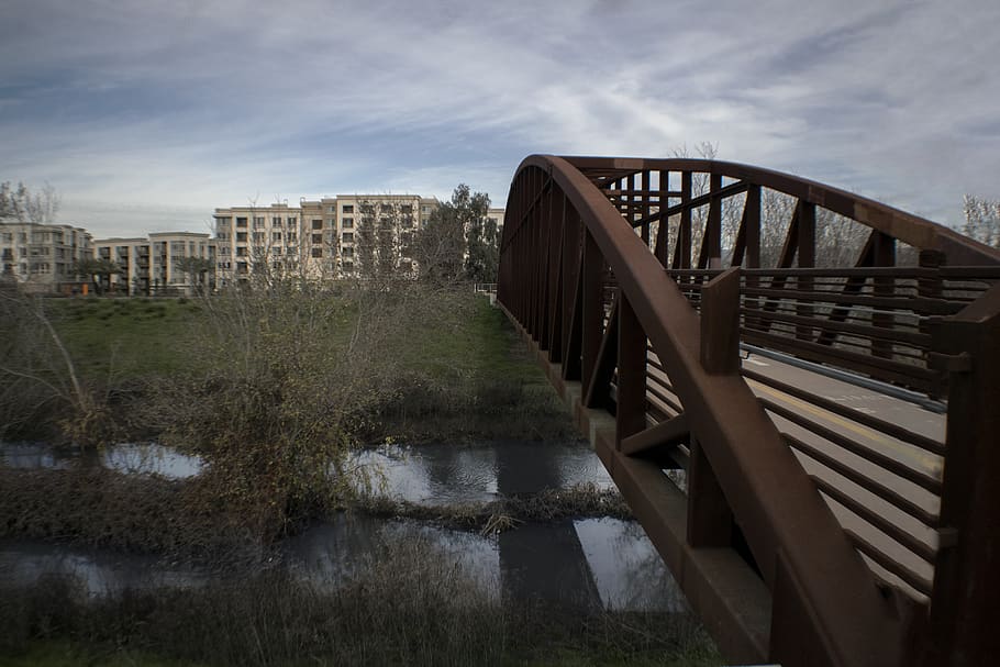 bridge, water, trail, river, clouds, architecture, built structure HD wallpaper