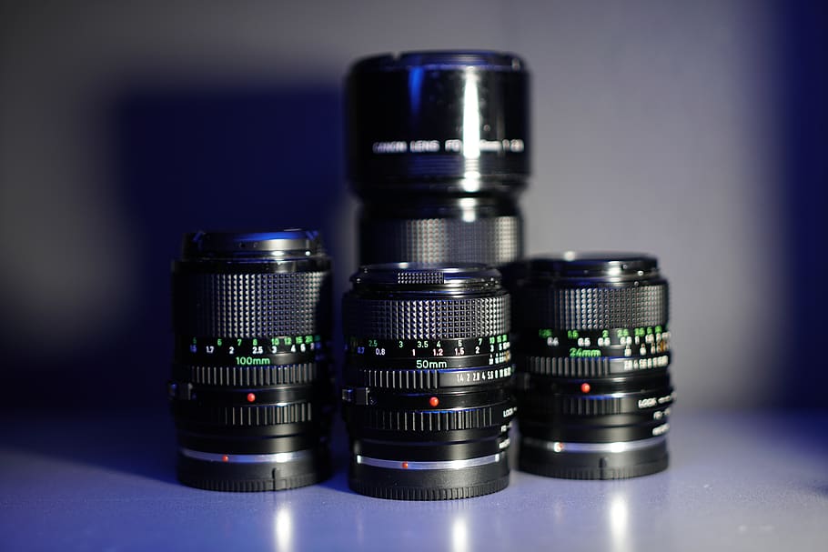 three camera lenses, electronics, fisheye, lens cap, screen, digital camera HD wallpaper