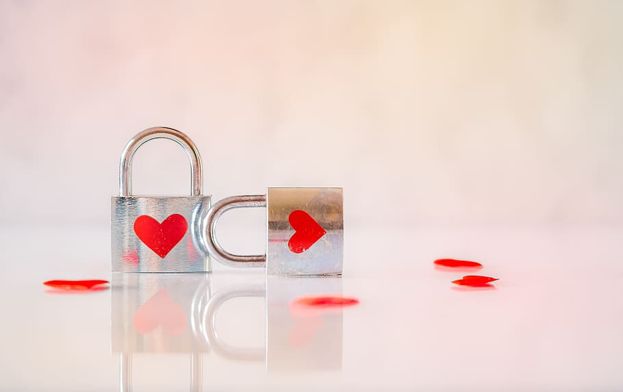 Two Stainless Steel Padlocks, colors, design, hearts, indoors HD wallpaper