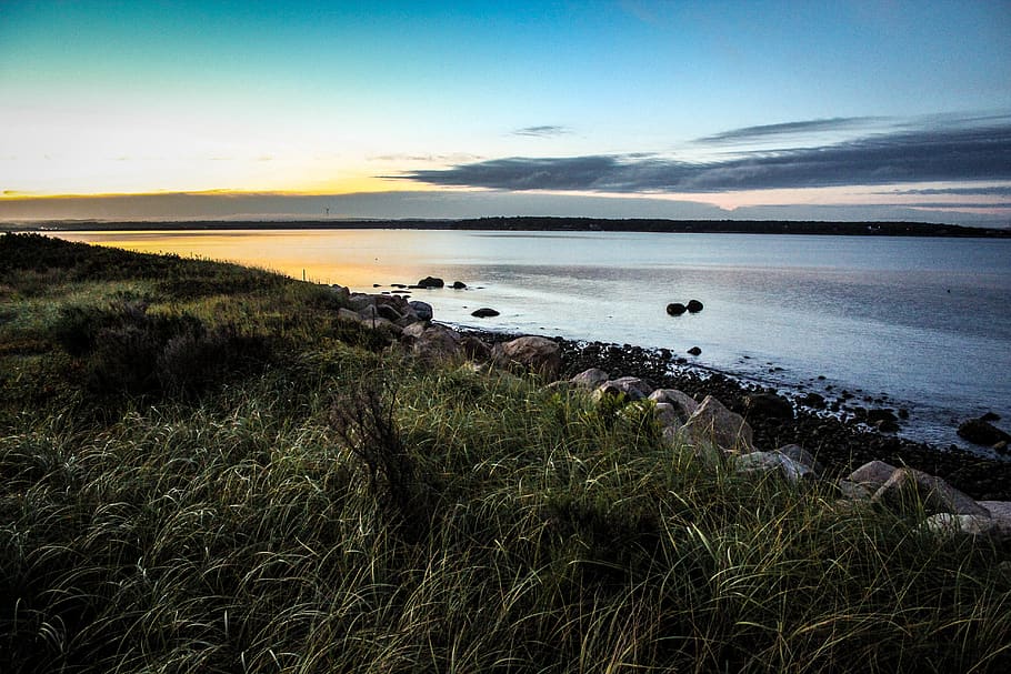 ocean, beach, rocks, grass, sunrise, clouds, sky, cape cod HD wallpaper