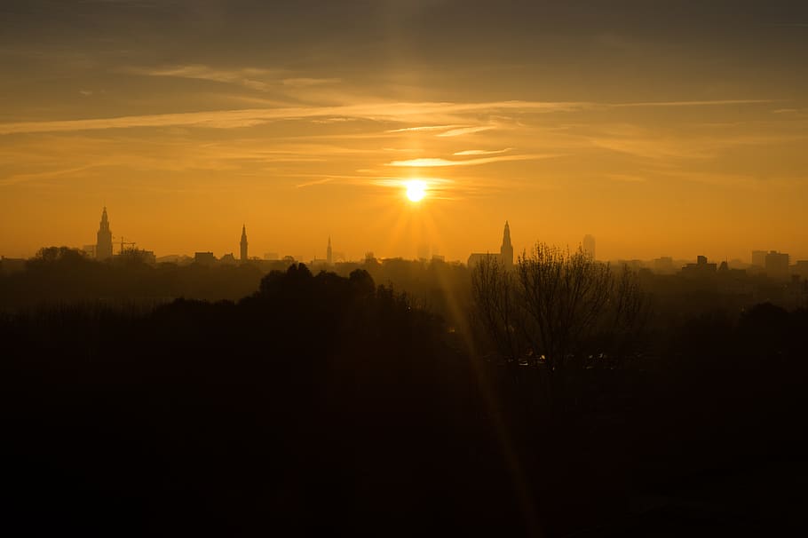 Sunset, orange, sunrise, sky, orange color, built structure, silhouette HD wallpaper