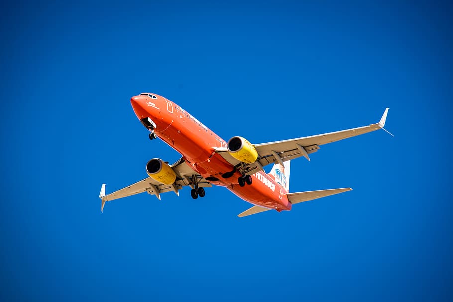 orange and white plane, passenger, flying, airplane, air vehicle HD wallpaper