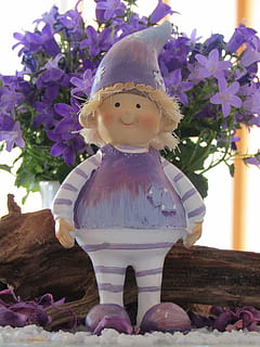 dwarf, imp, brownie, fabric, hamada, purple, bluebells, flowers HD wallpaper