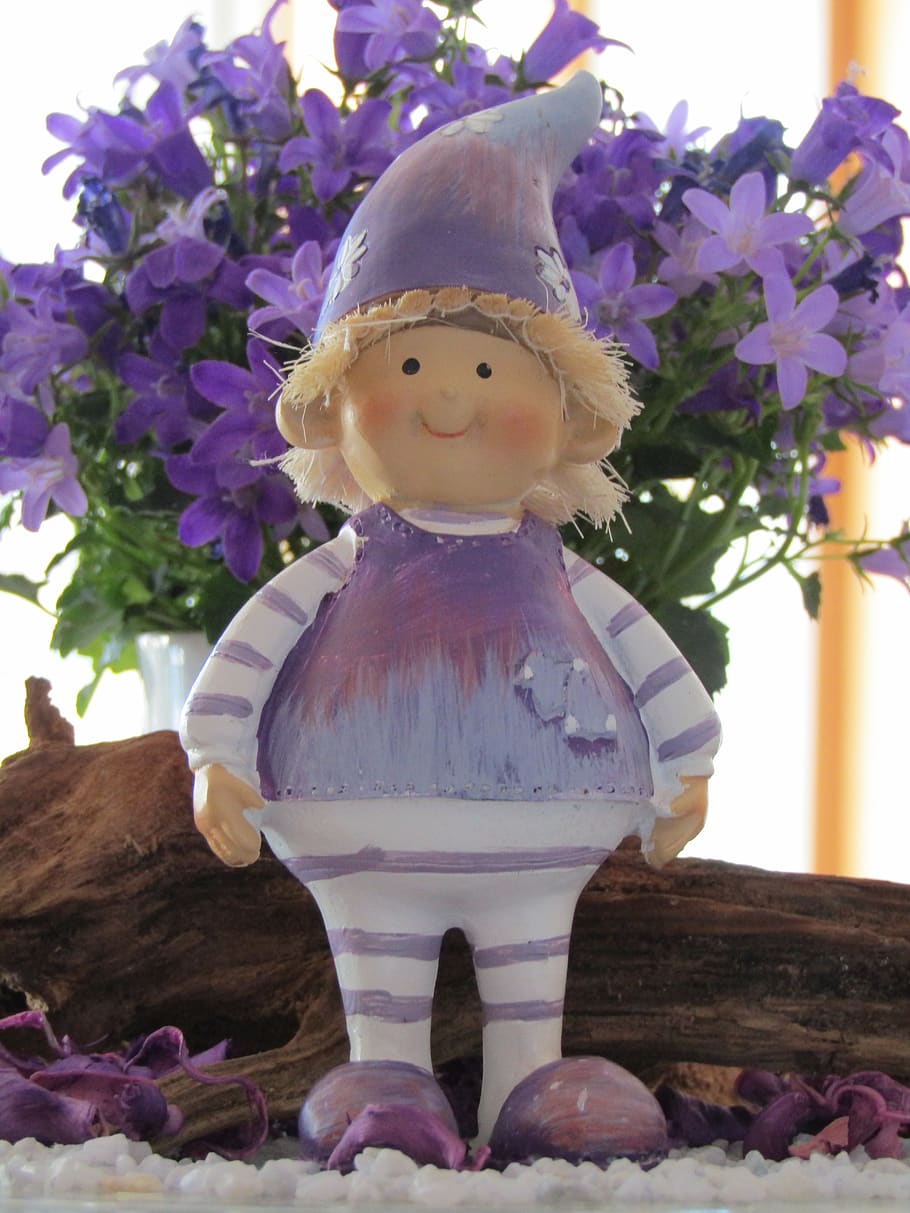 dwarf, imp, brownie, fabric, hamada, purple, bluebells, flowers HD wallpaper
