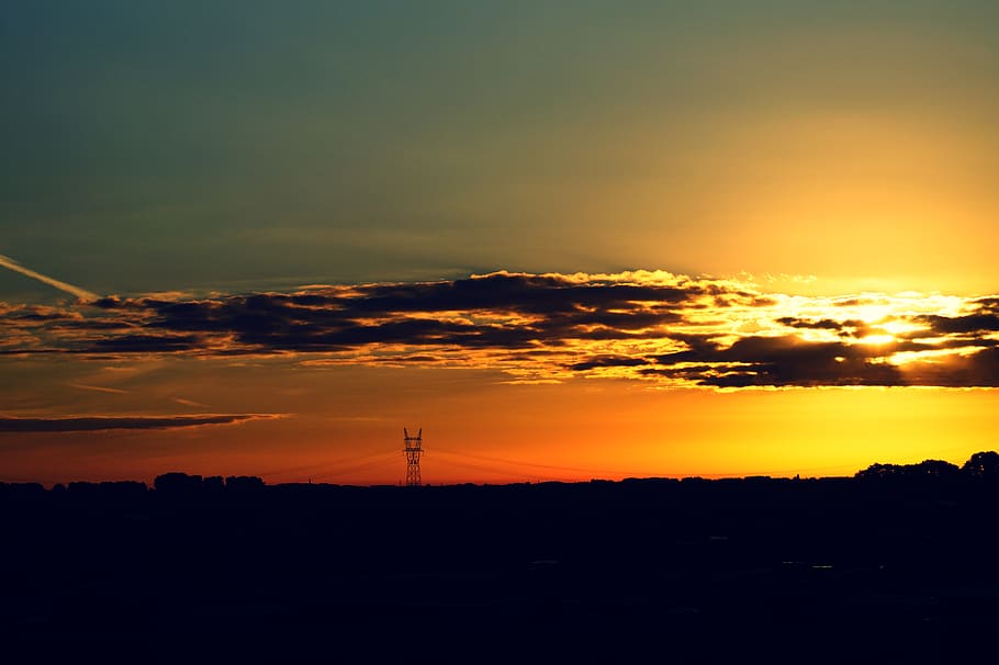 Silhouette of Communication Tower during Golden Hour, clouds HD wallpaper