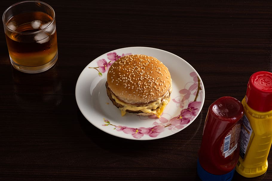 Hamburger on White and Pink Floral Plate, bread, bun, cheese HD wallpaper