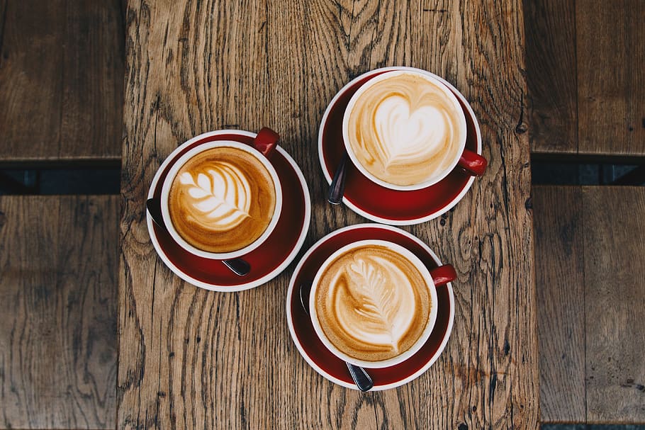 flat lay photography of three cafe latte, drink, cup, coffee cup, HD wallpaper