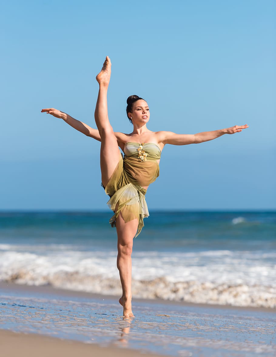 woman dancing in seashore, female, ballet, dance, beach, ocean
