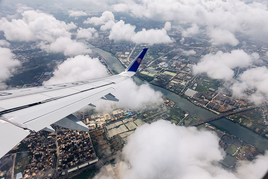 plane on mid air, cloud - sky, architecture, building exterior HD wallpaper