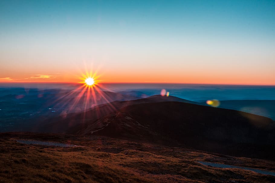 mountain, highland, cloud, sky, sunlight, sunshine, sunset HD wallpaper