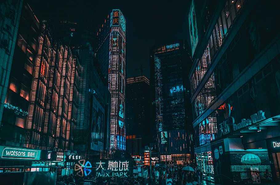 cyberpunk, chongqing, night, building exterior, architecture