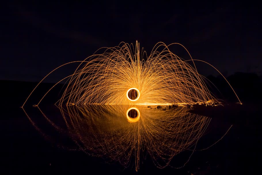 shower of sparks, light, steel wool, radio, fire, mirroring, HD wallpaper