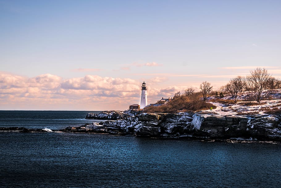 White Lighthouse during Cloudy Day, beach, clouds, coast, daytime HD wallpaper