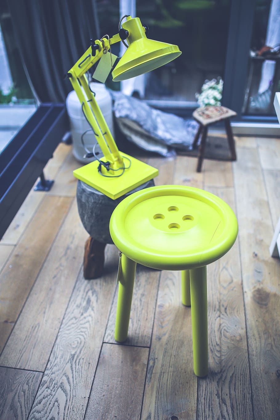 Yellow lamp and little table, accessories, bench, button, chair HD wallpaper
