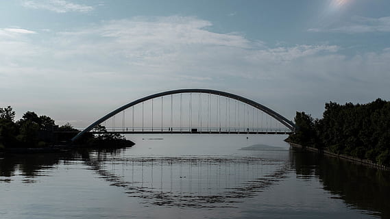 humber, arch, bridge, toronto, downtown, morning, water, sky HD wallpaper