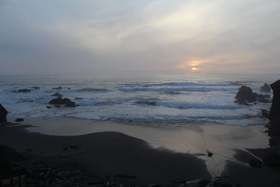 sunset, ocean, nature, sky, water, dusk, sunrise, clouds, coast HD wallpaper