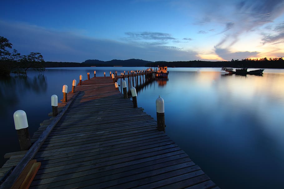 Brown Wooden Bridge, boat, calm waters, dawn, dock, jetty, landscape HD wallpaper