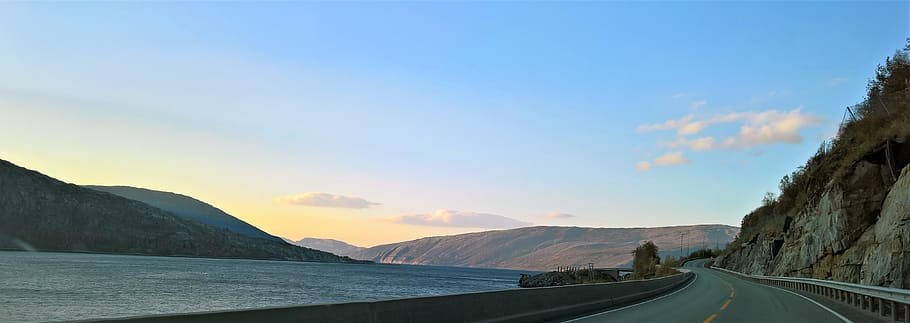 Grey Asphalt Road, beach, curve, dawn, landscape, mountain, norway HD wallpaper