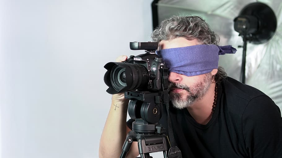 camera man with blindfold, person, human, electronics, tripod HD wallpaper