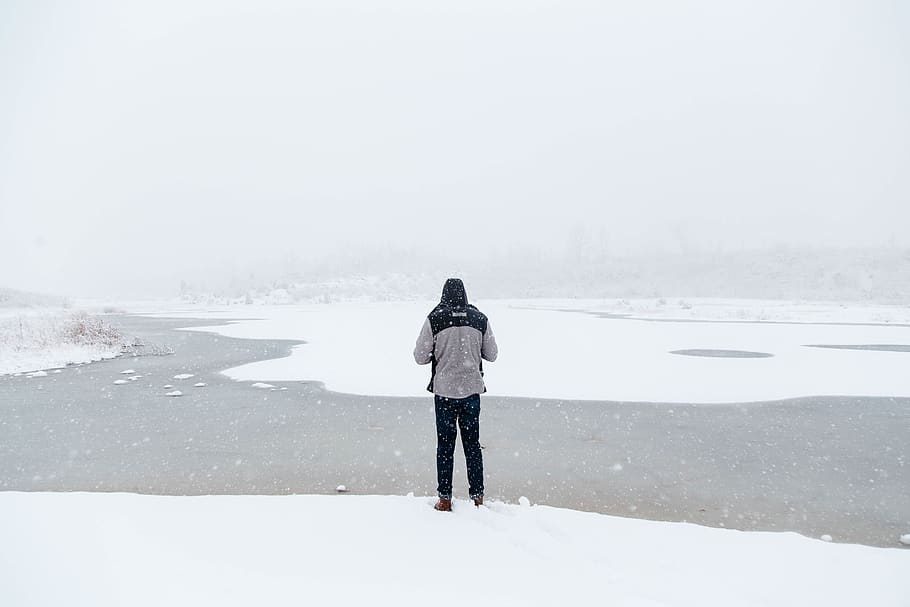 people, man, alone, snow, winter, cold, weather, jacket, fog HD wallpaper