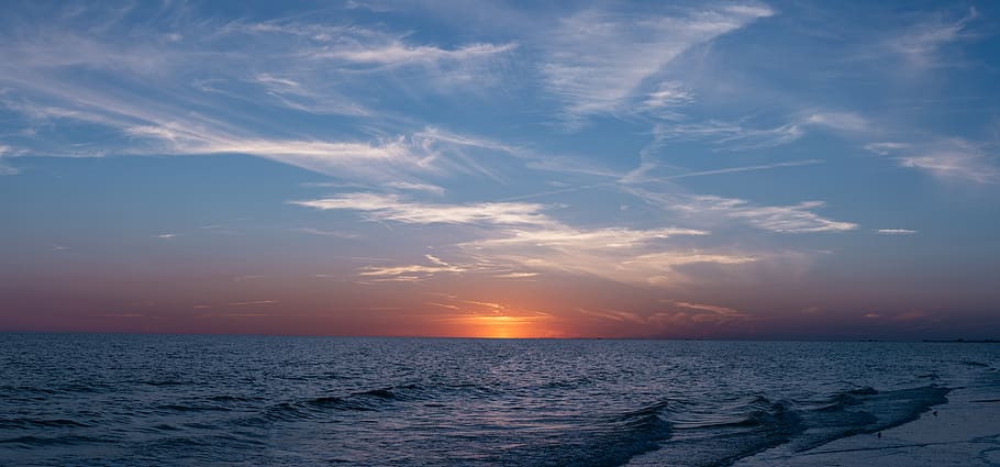beach, clouds, horizon, nature, ocean, sky, sunrise, sunset HD wallpaper