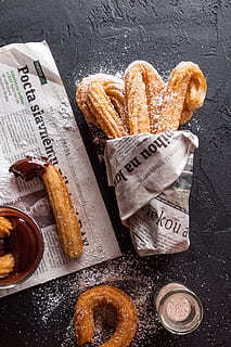Churos With Chocolate Dip, bread, churros, delicious, food, newspaper HD wallpaper