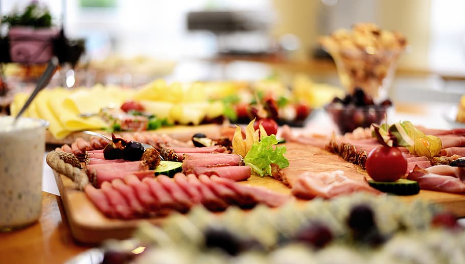 ham, meat, sausage, wurstplatte, ham plate, food, buffet, gastronomy HD wallpaper