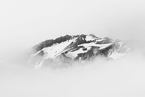 mountain covered with snow, cloud, volcano, landscape, fog, blackwhite HD wallpaper
