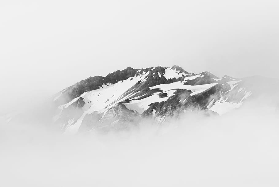 mountain covered with snow, cloud, volcano, landscape, fog, blackwhite HD wallpaper