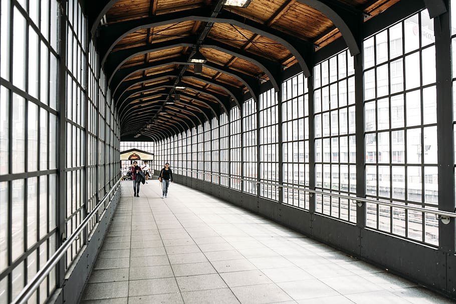 Two Person Walking on Gray Hallway, architect, architectural design, HD wallpaper