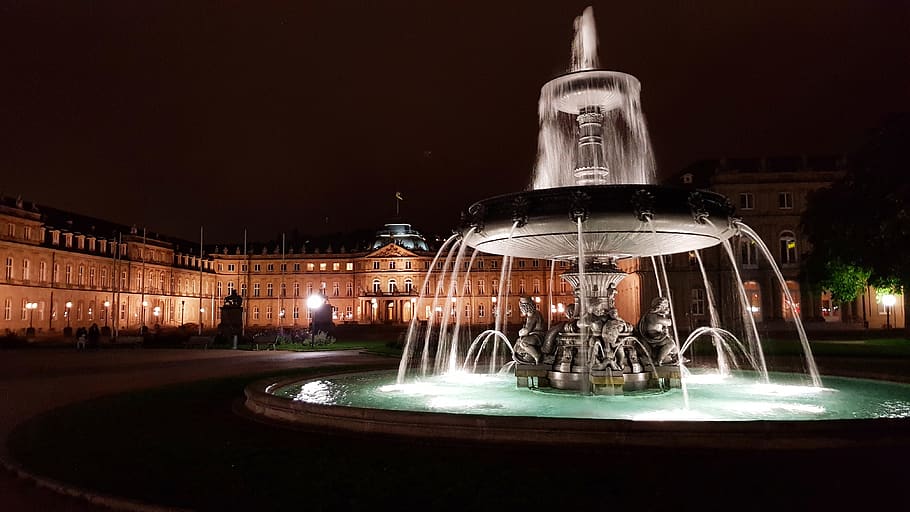 stuttgart, germany, water, fountain, night, architecture, built structure, HD wallpaper