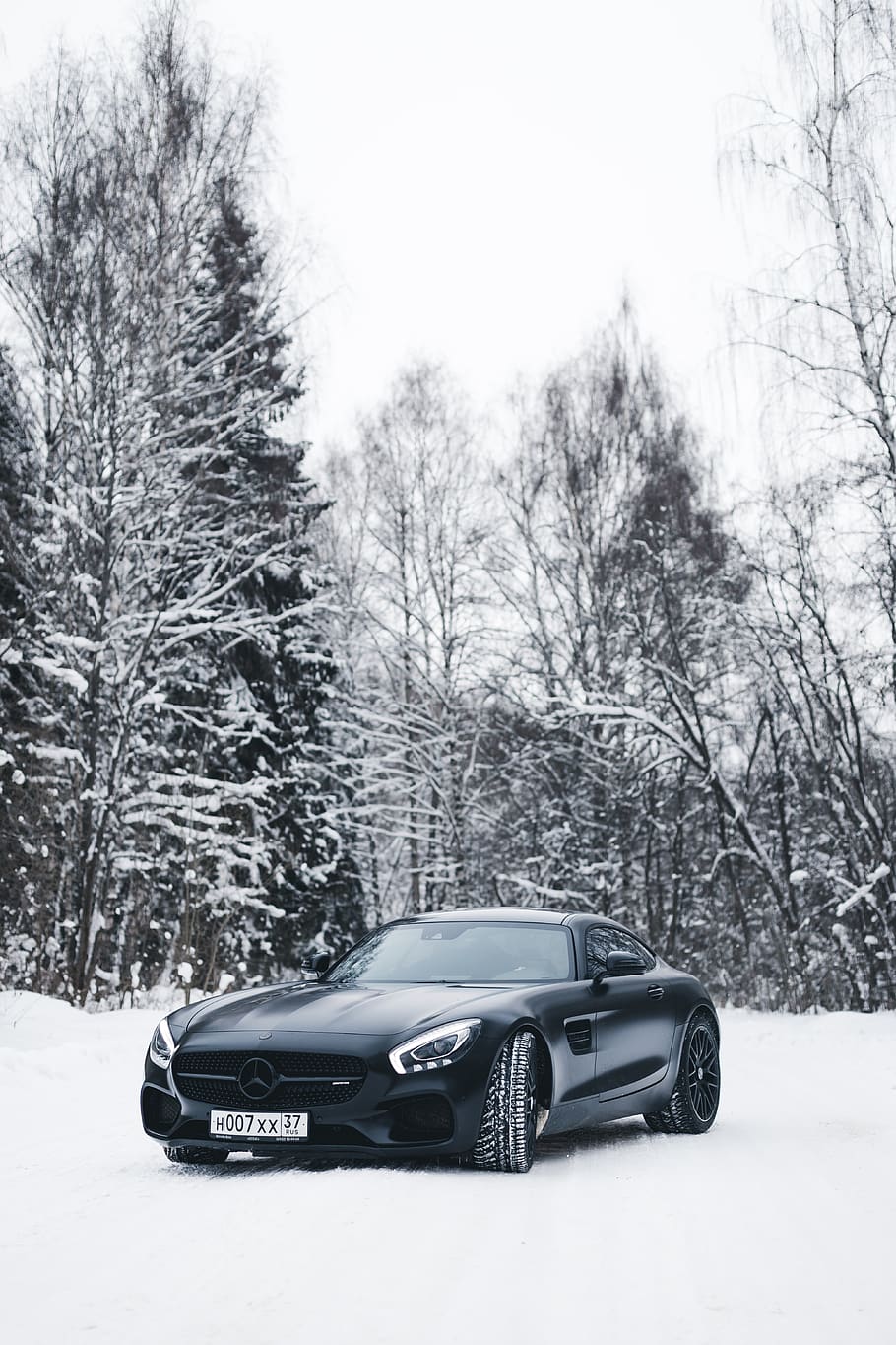 black BMW coupe across trees, snow, winter, cold temperature, HD wallpaper