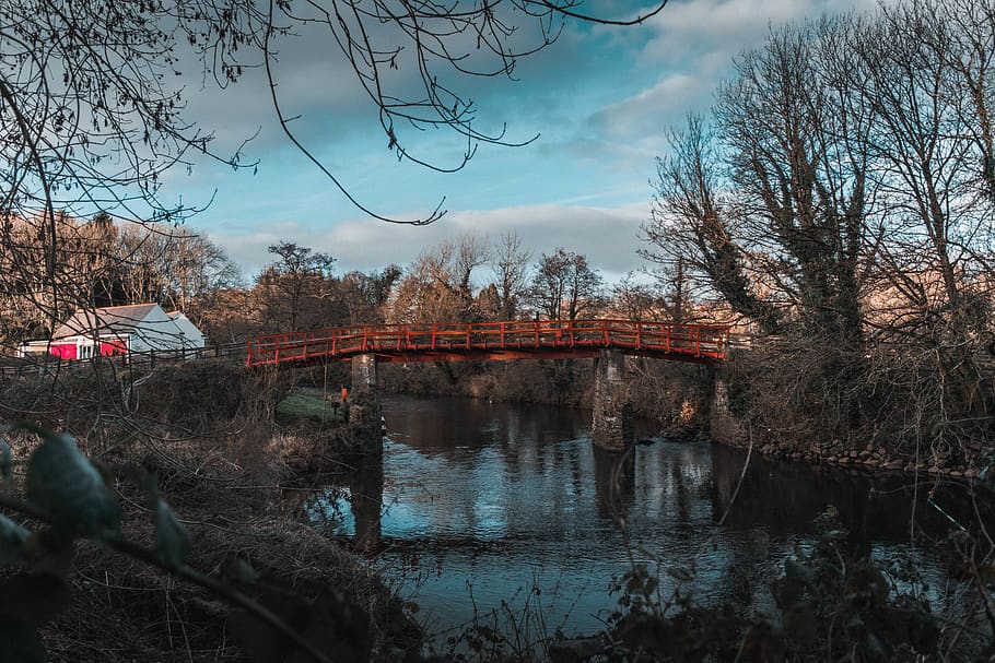 river, bridge, water, reflection, winter, sky, blue, cloud HD wallpaper