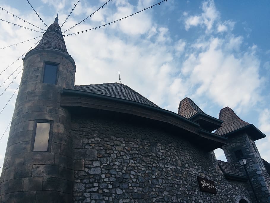 castle, tower, steeple, clouds, sky, bricks, flags, built structure HD wallpaper