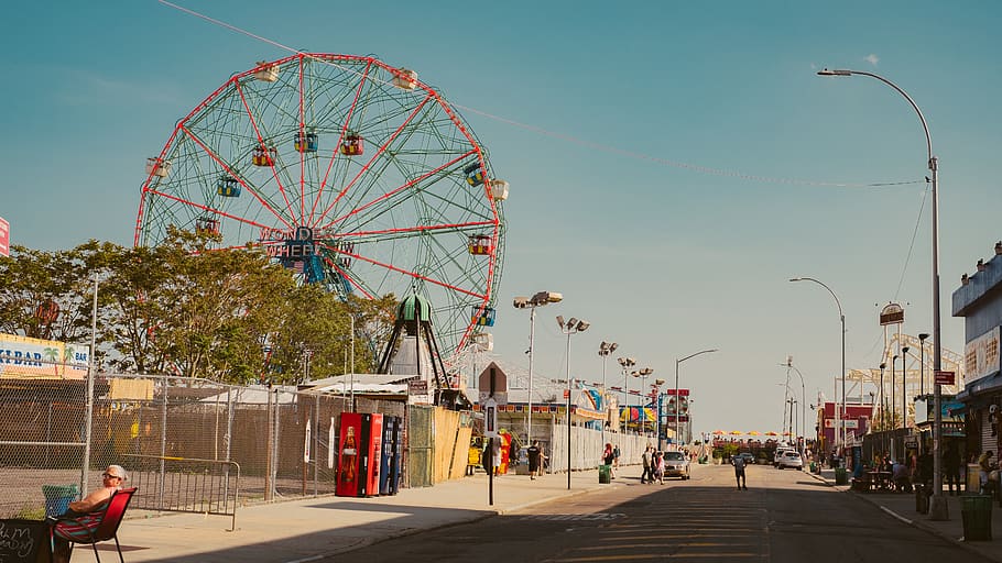 ferris wheel beside green tree, person, human, theme park, amusement park