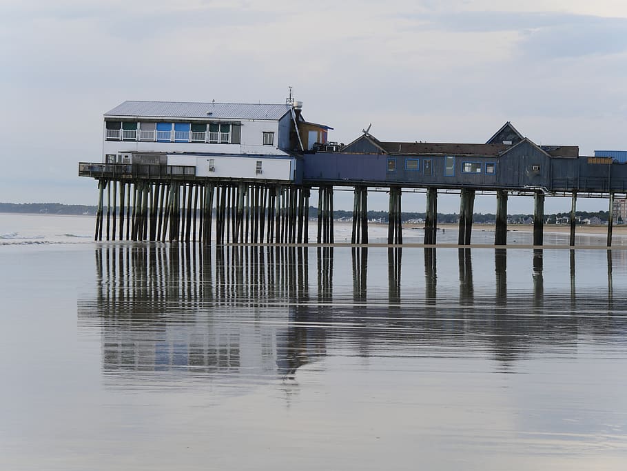pier, shoreline, sea, reflection, water, built structure, architecture HD wallpaper