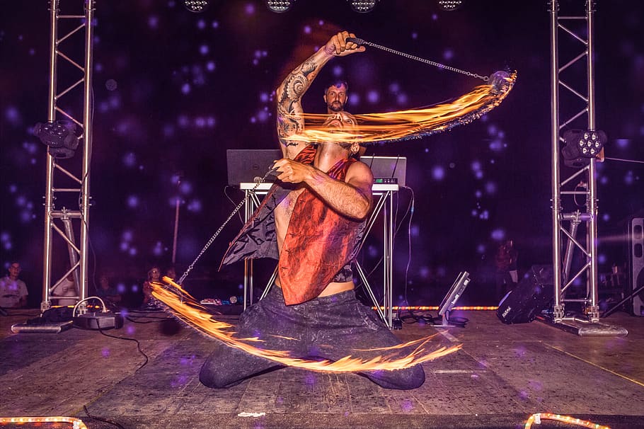 Man Doing Fire Dance Stunt, festival, flames, performance, person HD wallpaper