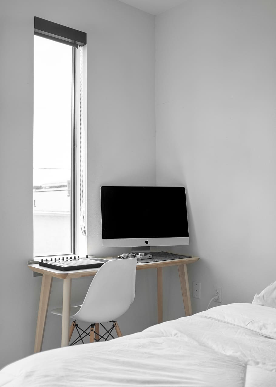 silver iMac, furniture, computer, indoors, technology, seat, table HD wallpaper