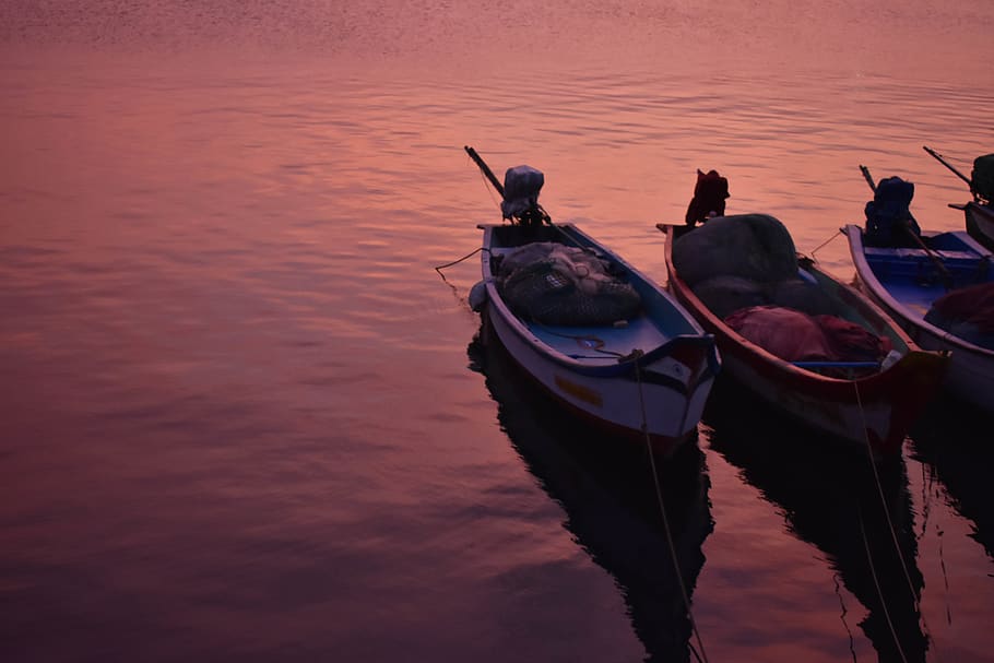 boat, reflection, sunset, water, ocean, sea, sunrise, fishing HD wallpaper