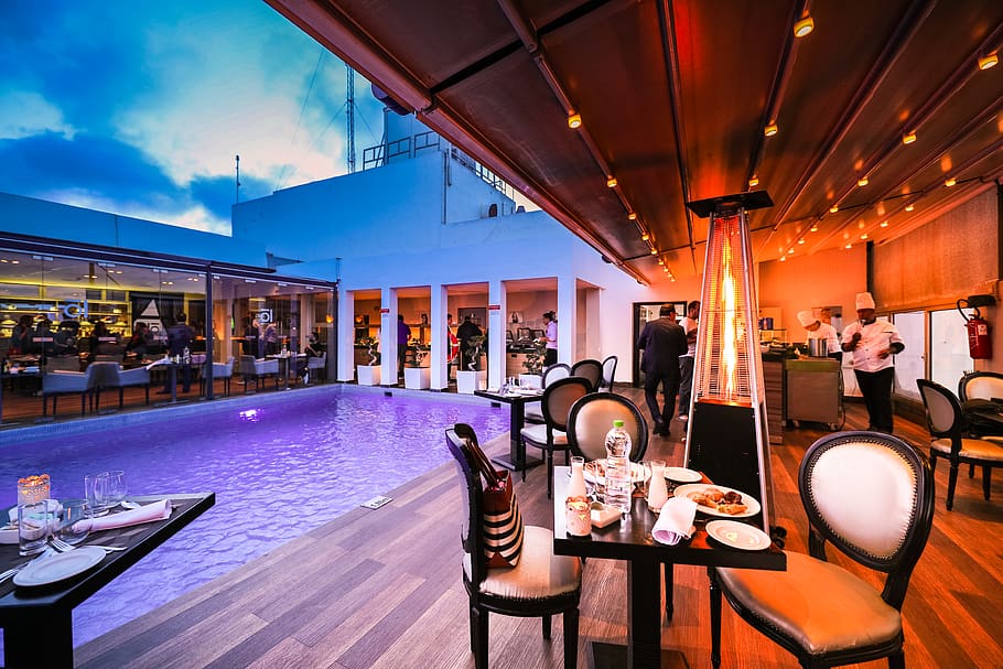 Tables By The Pool, chairs, hotel, table set-up, restaurant, food and drink HD wallpaper