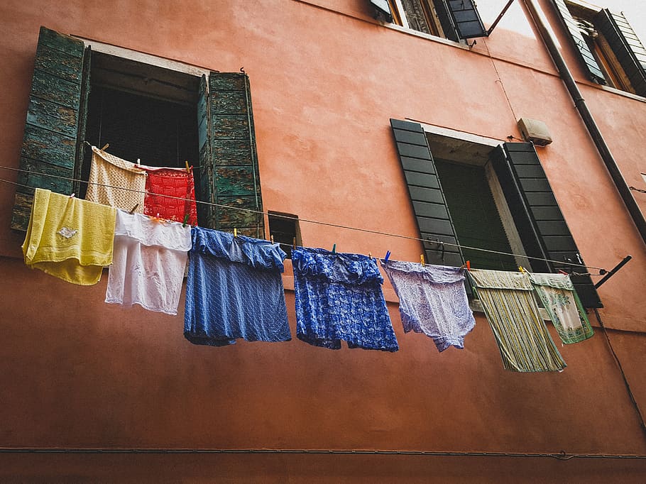 assorted clothes hanged near building, clothesline, hanging, drying