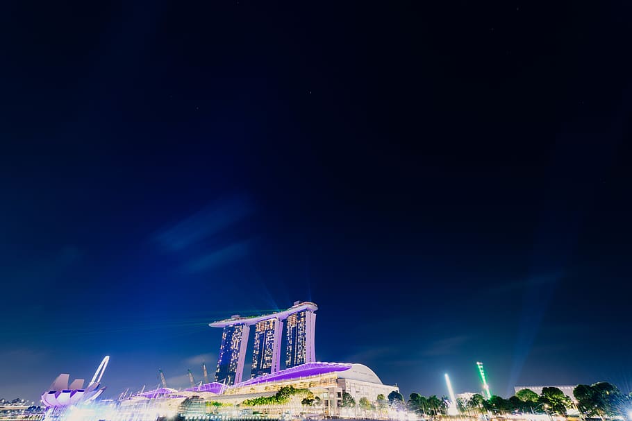 lighted concrete buildings, architecture, nature, outdoors, transportation HD wallpaper