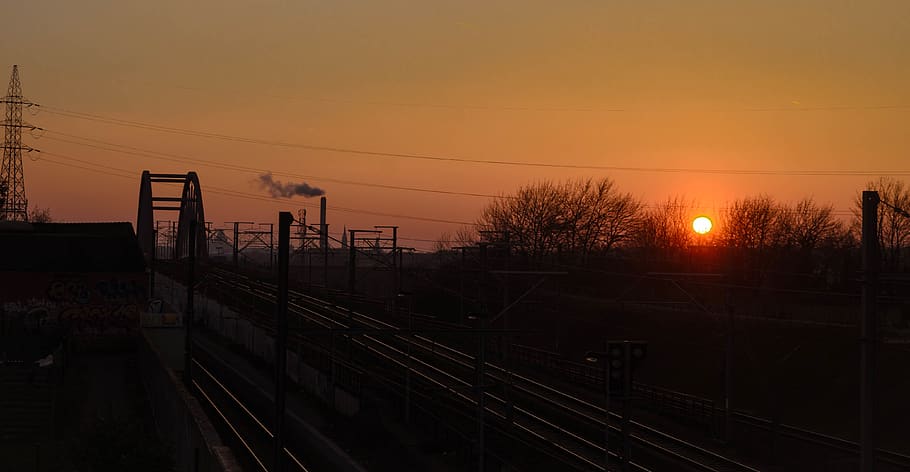spring, skyline, powerplant, sunset, rail transportation, track HD wallpaper