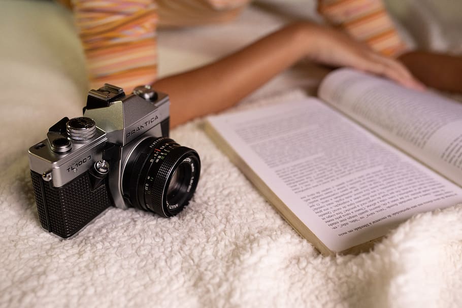 Black Slr Camera Beside Open Book, antique, classic, close-up HD wallpaper