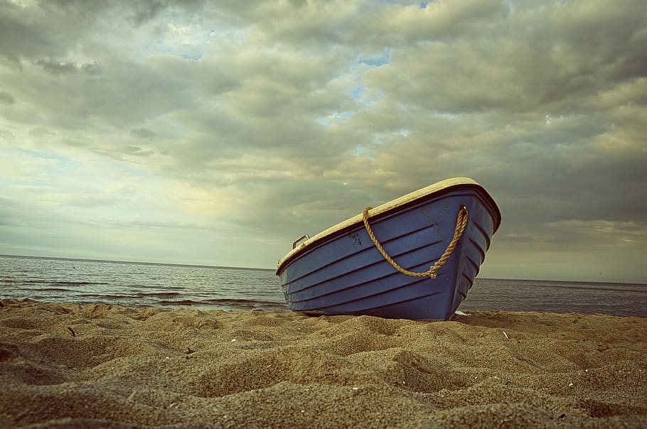sea, beach, boat, blue, colored, cloud - sky, water, land, horizon over water HD wallpaper