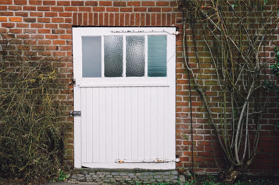 door, white door, belgium, vine, wall, brick wall, garage, shed, HD wallpaper