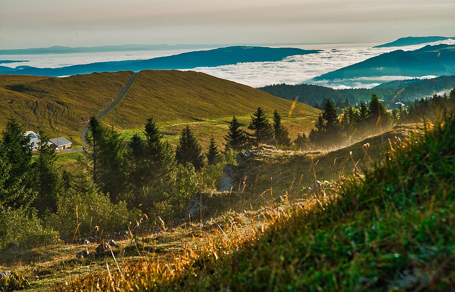 landscape, mountains, nature, clouds, hill, sky, alpine, sunrise, HD wallpaper