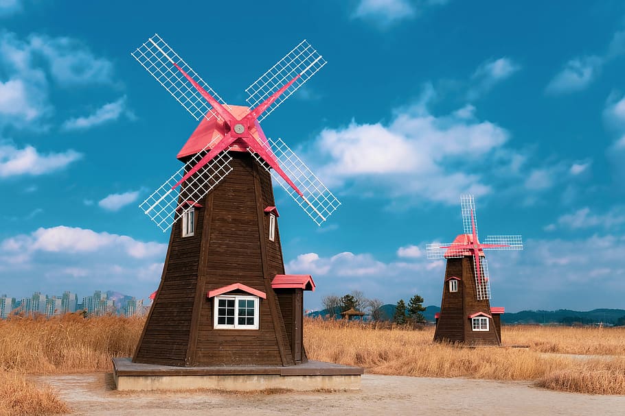 brown and pink windmill, turbine, wind turbine, wind power, fuel and power generation HD wallpaper
