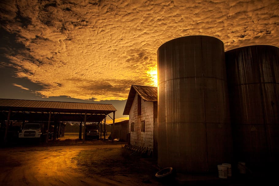 barn near grain storage, building, clouds, cloudscape, dark, dusk HD wallpaper